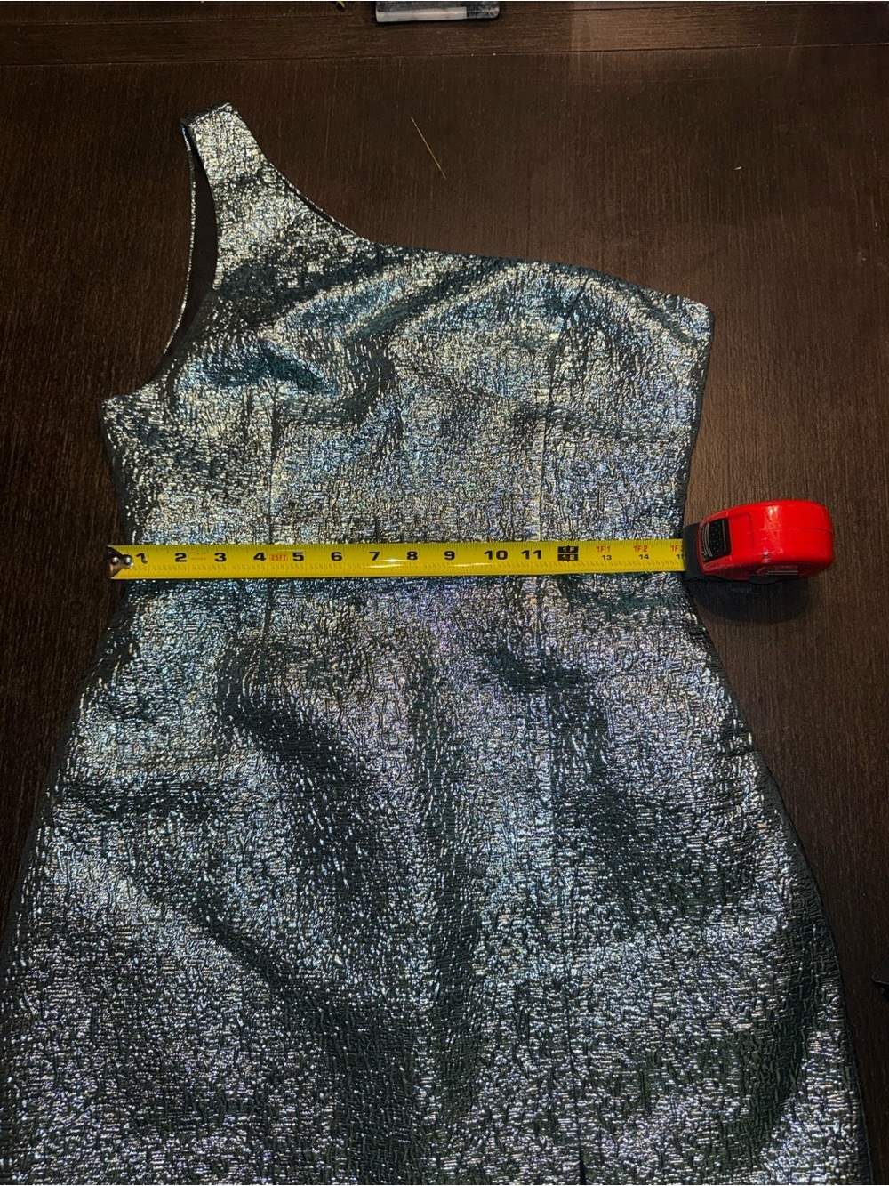 Modern Dream Teal Metallic Jacquard One-Shoulder Mini Party Dress - Picture 4 of 6